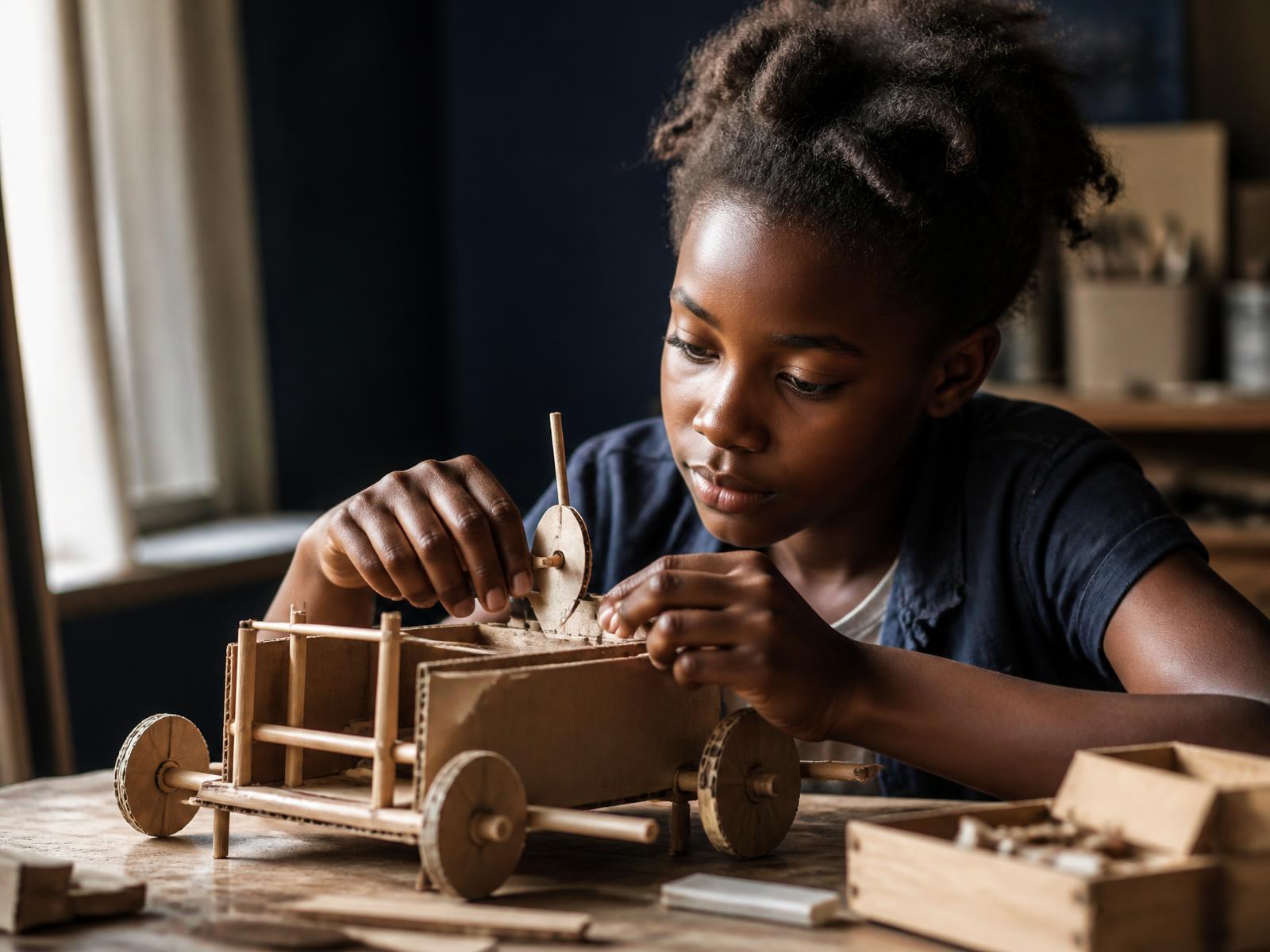 A young Builder assembling a hand-built model at a workbench